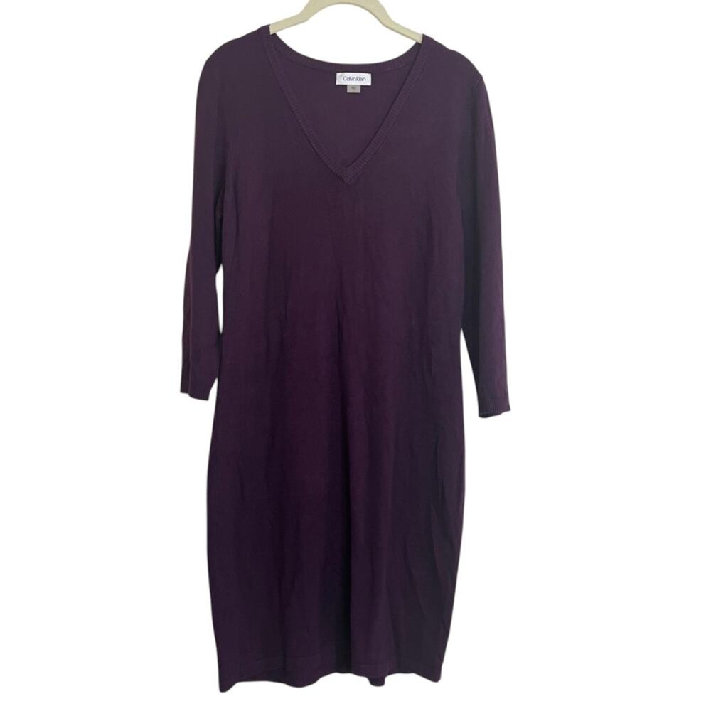 Calvin Klein Womens V-Neck Sweater Dress 3/4 Length Sleeve Purple Size Large